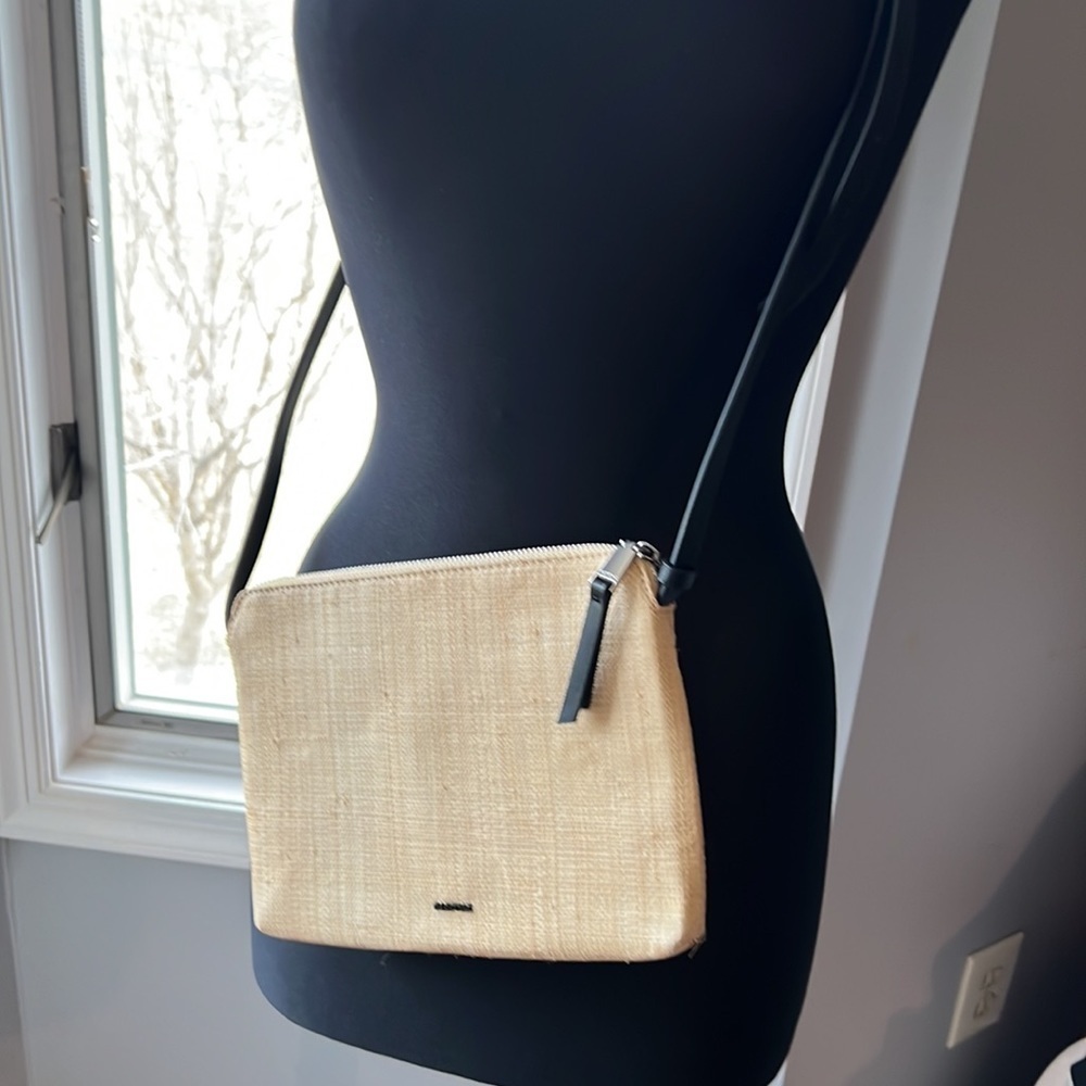 PAROIS Jute CrossBody Purse with Black Leather Strap